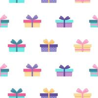 Seamless pattern of colored gift boxes with ribbon. Hand drawn print. Beautiful festive packaging vector