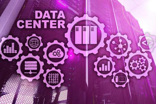 Data Center of the Future on a virtual screen. Business information technology concept. Storing data and securing business continuity photo