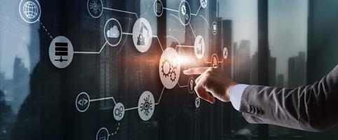 Process Technology Automation. Gear mechanism and circuit board on office and city background photo