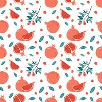 Pomegranate Seamless Pattern. Half, Slice and Whole Juicy Garnet, Leaves, seeds and branch. Hand Drawn fruit ornament for background, fabric, wrapping paper, menu, food package and interior design vector