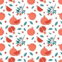 Pomegranate Seamless Pattern. Half, Slice and Whole Juicy Garnet, Leaves, seeds and branch. Hand Drawn fruit ornament for background, fabric, wrapping paper, menu, food package and interior design vector