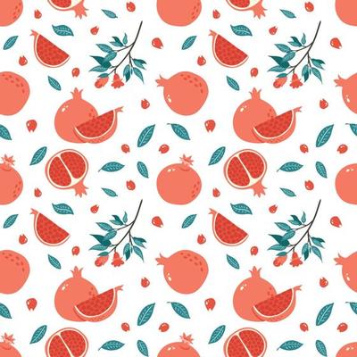 Pomegranate Seamless Pattern. Half, Slice and Whole Juicy Garnet, Leaves, seeds and branch. Hand Drawn fruit ornament for background, fabric, wrapping paper, menu, food package and interior design