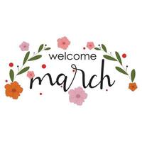 ilustraciones del logotipo de bienvenida de marzo con flores vector