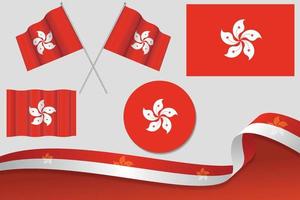 Set Of hong kong Flags In Different Designs, Icon, Flaying Flags With ribbon With Background. Free Vector