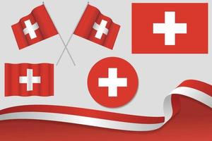 Set Of Switzerland Flags In Different Designs, Icon, Flaying Flags With ribbon With Background. Free Vector