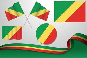 Set Of Republic of the Congo Flags In Different Designs, Icon, Flaying Flags With ribbon With Background. Free Vector