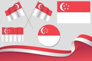 Set Of Singapore Flags In Different Designs, Icon, Flaying Flags With ribbon With Background. Free Vector