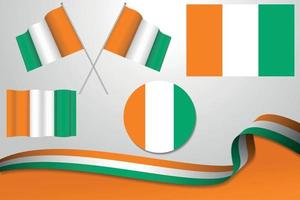 Set Of ivory coast Flags In Different Designs, Icon, Flaying Flags With ribbon With Background. Free Vector