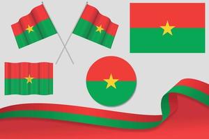 conjunto de banderas de burkina faso en diferentes diseños, icono, banderas desolladas con cinta con fondo. vector libre