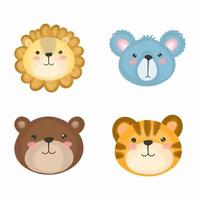 conjunto de animales lindos de dibujos animados para tarjeta de bebé e invitación. ilustración vectorial león, oso, tigre, koala. vector
