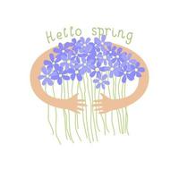 Hands holding flower bouquet vector illustration. Hello spring card.