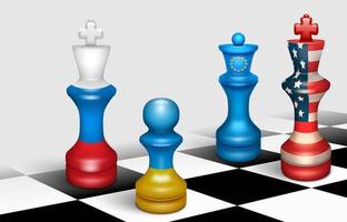 Pawn with the flag of Ukraine, kings with the flags of Russia and the USA, a rook with the flag of the European Union on a chessboard. The concept of political confrontation, conflict and war. Vector. vector
