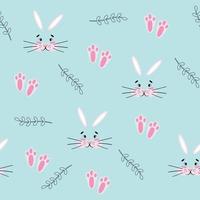 Bunny faces seamless pattern on blue background. Cute seamless pattern with leaves, paw prints and bunny faces. For textile, paper, wallpaper, prints, packaging, wrapping paper. Vector pattern.