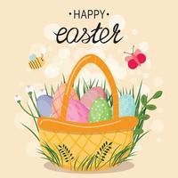 Cute illustration with Easter basket filled with painted eggs. Basket with Easter eggs in the nature. Bee and butterfly flying around. For banners, cards, flyers, advertisements.