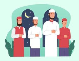 Muslim People Perform Tarawih Prayer at Night During Ramadan vector
