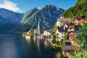 View from height on Hallstatt town between the mountains. Austria photo