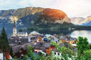 Scenic panoramic view of the famous mountain village in the Austrian Alps. Hallstatt. Austria photo