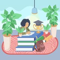 personaje de estudiante haciendo tareas con libros vector