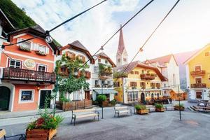 Scenic view. The historic area of the city Hallstatt with traditional colorful houses in Halshtati. Austria
