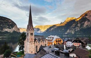 Scenic panoramic view of the famous mountain village in the Austrian Alps. Hallstatt. Austria