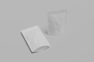 Set of blank, white or Stand-up package mockups, stand isolated, 3d rendering. Empty stand-up pouch mock up, side view. Clear flexible pack with tea or coffee templates and more photo