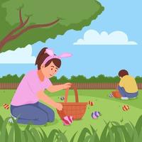 A Girl with Basket Want to Take Easter Egg on The Ground vector