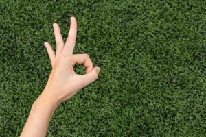 Girl Thumbs ok on background lawn photo