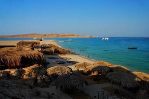 beach on sea with sun shield photo