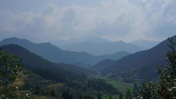 The beautiful mountains landscapes with the green forest and little village as background in the countryside of the China photo