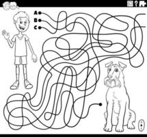 maze game with cartoon boy and his dog coloring book page vector