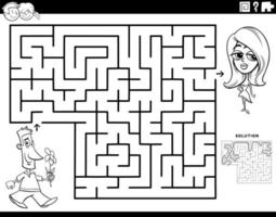 maze with cartoon man and his girlfriend coloring book page vector