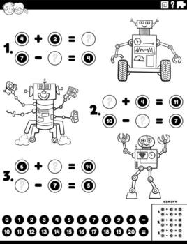 math addition and subtraction task with robots coloring book page vector