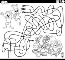 maze with cartoon children and sweets coloring book page vector