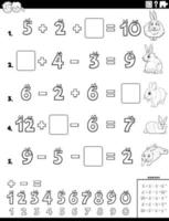 calculation task with cartoon rabbits coloring book page vector