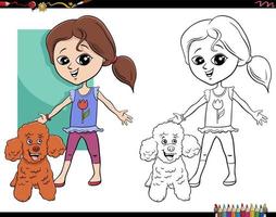 cartoon girl and her poodle dog coloring book page vector