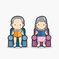 senior man and women sitting on the sofa and reading a book  design vector