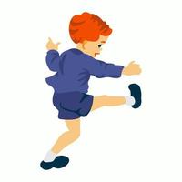 Flat vector illustration of little boy in blue t-shirt and blue shorts. Dancing, jumping, activity. Happy childhood. Isolated on white background. Cartoon style