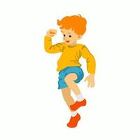 Flat vector illustration of little boy in yellow shirt and blue short. Children activity. Red hair. Jumping, playing, having fun. Hand drawn illustration. Isolated on white background. Happy child