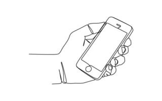 Single continuous line drawing of hand holding phone or smartphone. Modern Vector illustration design of smart mobile technology theme.