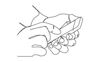 Continuous one line drawing of hand holding phone or smartphone. Modern Vector illustration design of smart mobile technology theme. Editable stroke