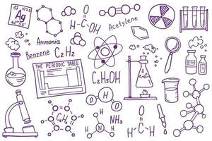 conjunto de iconos de símbolos de química. diseño de garabatos de asignaturas científicas. concepto de educación y estudio. fondo incompleto de regreso a la escuela para cuaderno, no almohadilla, cuaderno de bocetos. vector