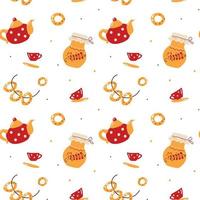 Seamless pattern of teapot and mugs and bagels vector