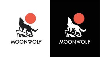 lobo de la luna de la vendimia. logotipo de animal salvaje y simple luna roja para marca y empresa vector