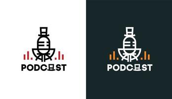 micrófono con sombrero minimalista clásico, micrófono monoline simple para el logotipo de podcast vector