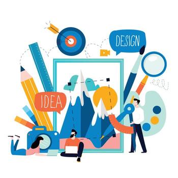 estudio de diseño, diseño, dibujo, fotografía, diseño gráfico, educación, creatividad, arte, ideas ilustración vectorial plana. cursos en línea, talleres, tutoriales para gráficos móviles y web vector