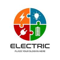 Electric vector logo template. This esign use plug, thunder, lamp and battery symbol. Suitable for industrial.