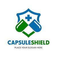 Capsule shield vector logo template. This design use cross health symbol. Suitable for medical business.