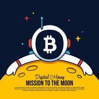 Bitcoin Astronaut hugging the Moon cartoon background, Mission to the moon background, Cryptocurrency mining and financial concept vector