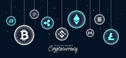 fondo de iconos de moneda criptográfica, intercambio de dinero digital de banner de tecnología blockchain, minería de criptomonedas y concepto financiero vector