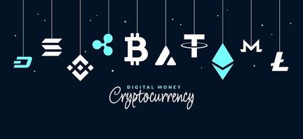 Crypto currency icons background, Digital money exchange of Blockchain technology banner, Cryptocurrency mining and financial concept vector